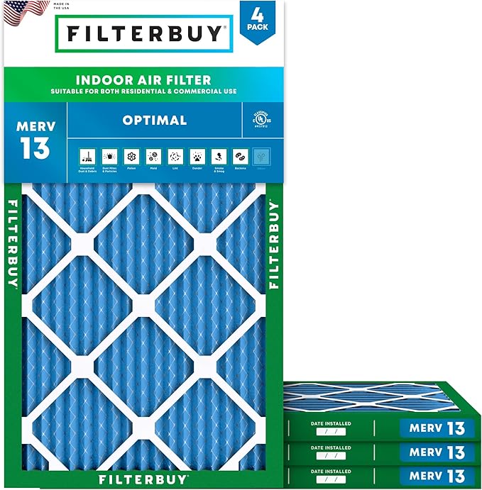 Filterbuy 11.25x19.25x1 Air Filter MERV 13 Optimal Smoke & Allergy Defense (4-Pack), Electrostatic Pleated HVAC AC Furnace Filters Replacement, Made in USA (Actual Size: 11.25 x 19.25 x 0.75)