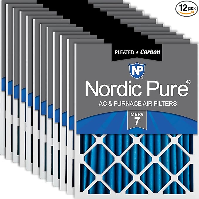Nordic Pure 20x25x2 (Actual Size: 19 1/2 x 24 1/2 x 1 3/4) Pleated Air Filters MERV 7 Plus Carbon 12 Pack
