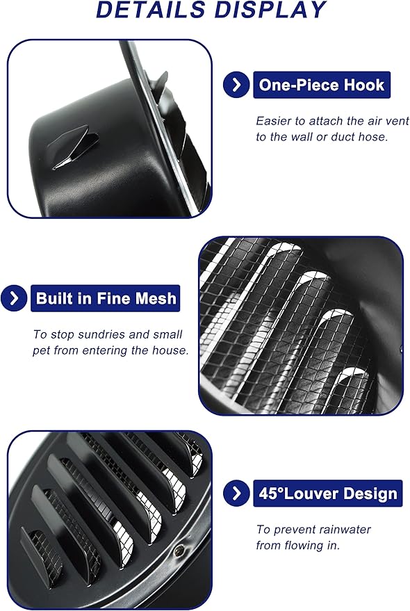 6 Inch Round Air Vent Cover,LouanXpert Stainless Steel Black Soffit Vent Cover Louvered Grille Wall Vent with Built-in Fine Mesh for Garage,House, Flat, Garage (150mm - 2PCS)