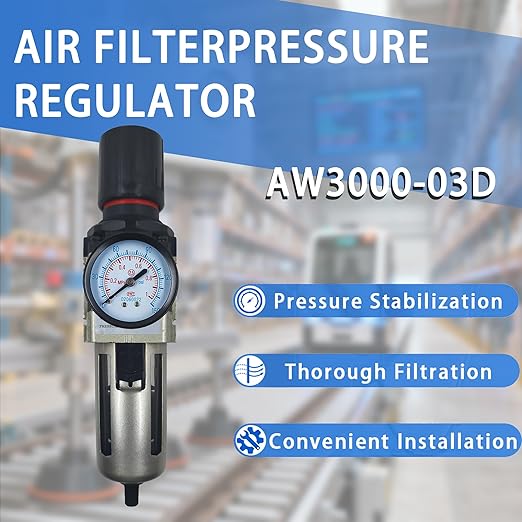 HengMinLingTong AW3000-03D 3/8" NPT Compressed Air Filter Regulator Combo Piggyback, 5 Micron Brass Element, Poly Bowl, Auto Drain, Metal Bracket, 0-150 psi Gauge