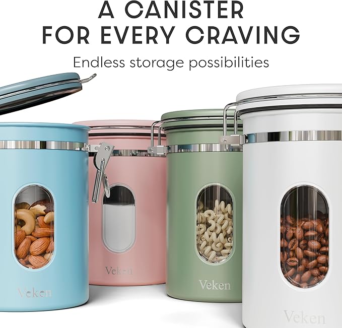 Veken Coffee Canister with Window, Airtight Stainless Steel Kitchen Food Storage Container with Lids, Date Tracker and Scoop for Grounds Coffee, Beans, Tea, Flour, Cereal, Sugar Jars, 22OZ, White