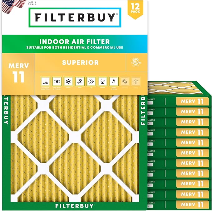 Filterbuy 12x16x1 Air Filter MERV 11 Superior Pet & Allergy Defense (12-Pack), Electrostatic Pleated HVAC AC Furnace Filters Replacement, Made in USA (Actual Size: 11.50 x 15.50 x 0.75)