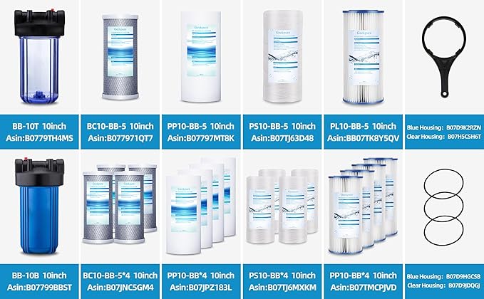 Geekpure 10-Inch Whole House Water Filter Housing 4.5"x10"1-Inch Outlet/Inlet with Wrench and Bracket-Blue Color-Pack of 4