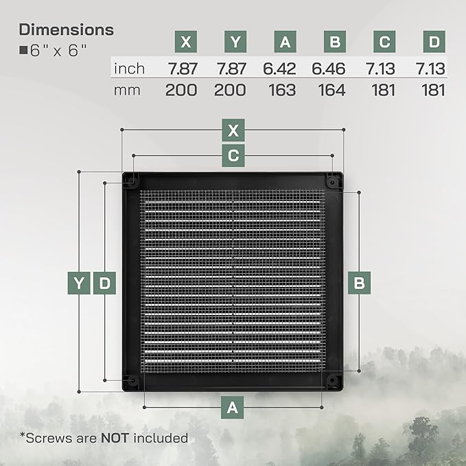 Vent Systems 6" x 6" - Pack of 2 - Black Plastic Soffit Vent Cover - Durable Flat Square Air Vent Grille with Mesh Screen - Weather Resistant Ventilation Grill - Wall & Ceiling, Indoor & Outdoor