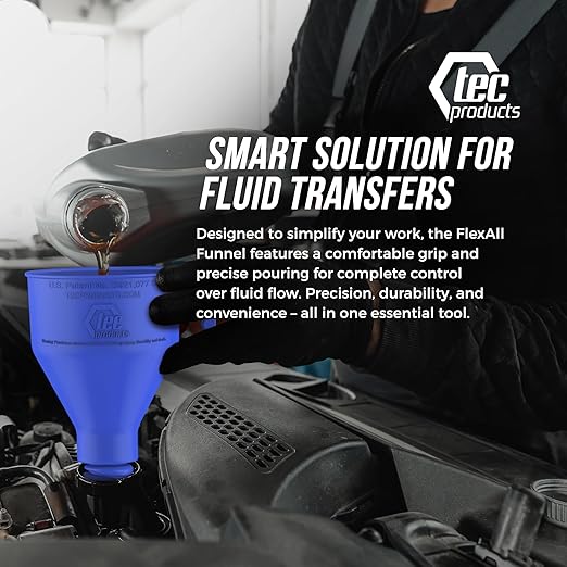 TEC Products FlexAll Long Flexible Funnels - Automotive Oil Funnel with Hose, Durable Nitrile Rubber for Oil Change, Transmission Funnel Fluid, Diesel, Fuel, Gas - Made in USA - Blue (12 x 4 Inches)