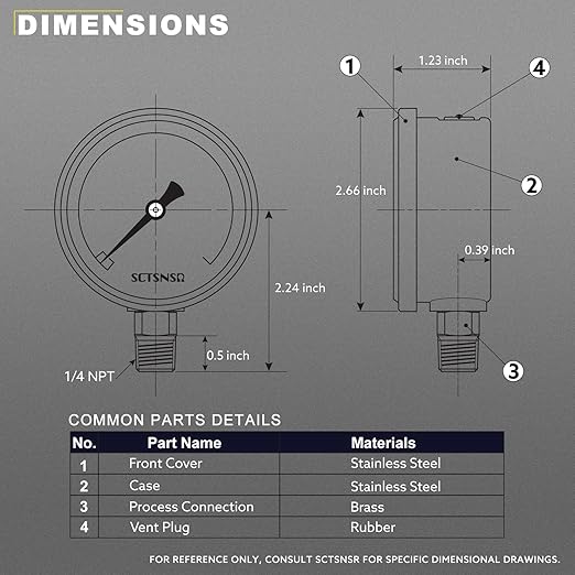 2-1/2" Dial Size, 0-5000 Psi Pressure Gauge, Glycerin Liquid Filled, 1/4" NPT Lower Mount, Stainless Steel Case, for Regulator, HVAC System, Beer Keg, Brew Setup, Hydraulic, High Pressure Test