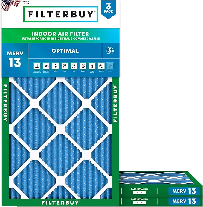Filterbuy 20x30x1 Air Filter MERV 13 Optimal Smoke & Allergy Defense (3-Pack), Electrostatic Pleated HVAC AC Furnace Filters Replacement, Made in USA (Actual Size: 19.63 x 29.63 x 0.75)