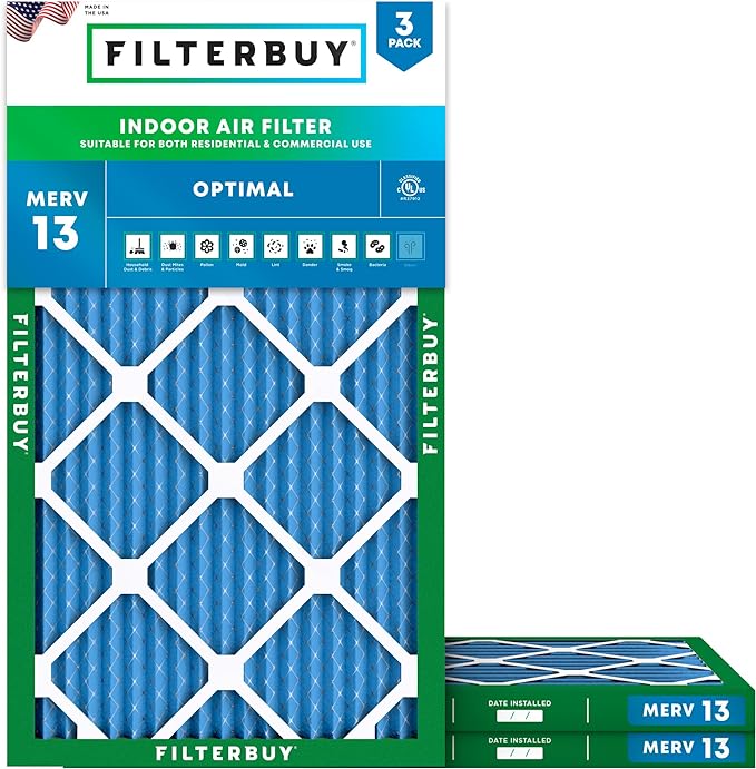 Filterbuy 13x21.5x1 Air Filter MERV 13 Optimal Smoke & Allergy Defense (3-Pack), Electrostatic Pleated HVAC AC Furnace Filters Replacement, Made in USA (Actual Size: 12.88 x 21.50 x 0.75)