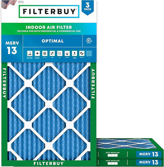 Filterbuy 8x20x1 Air Filter MERV 13 Optimal Smoke & Allergy Defense (3-Pack), Electrostatic Pleated HVAC AC Furnace Filters Replacement, Made in USA (Actual Size: 8.00 x 20.00 x 0.75)