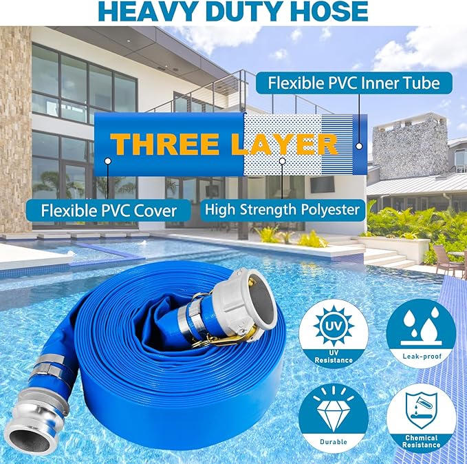 1.5" x 100 Ft Discharge Hose, Heavy Duty PVC Lay Flat Water Backwash Hose,Durable Pool Drain Hose with Aluminum CE Fittings for Water Pump And Filters