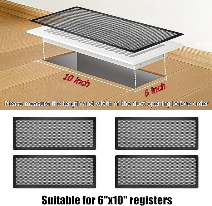 Floor Register Vent Cover, 6"x10" Magnetic Air Vent Screen Mesh Covers for Home Floor/Wall/Ceiling Registers Air Vent Filters, Black (4 Packs)