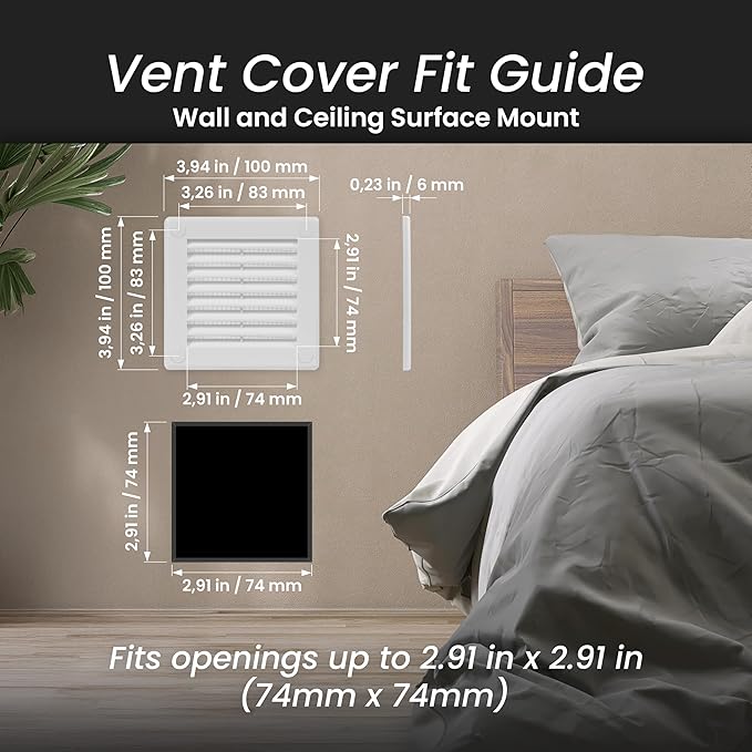 Repa Market 4 x 4 Inch (Outer) White Square Air Vent Cover - Pack of 2 Plastic Fresh Air Intake Vent - AC Cover with Nylon Mesh Screen, Wall, Ceiling HVAC Return Air Register, Modern Soffit Vents