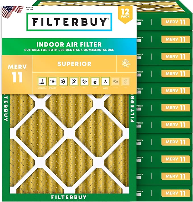 Filterbuy 15x20x2 Air Filter MERV 11 Superior Pet & Allergy Defense (12-Pack), Electrostatic Pleated HVAC AC Furnace Filters Replacement, Made in USA (Actual Size: 14.50 x 19.50 x 1.75)