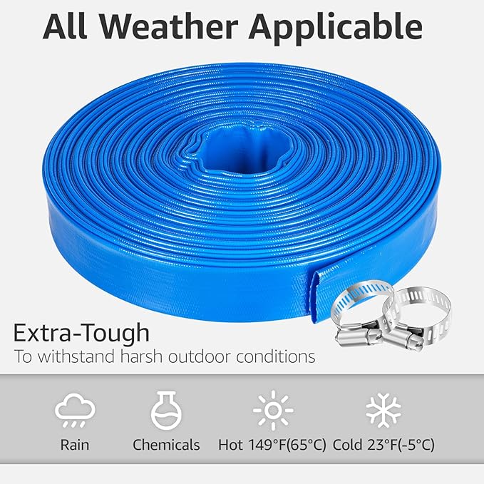 1.25" x 100 FT Pool Backwash Hose, Heavy Duty PVC Discharge Hose, Lay Flat Discharge Hose with 2 Clamps, Pool Drain Hoses for Inground Pools, Pool Filter, Weather and Burst Resistant, 6 Bar