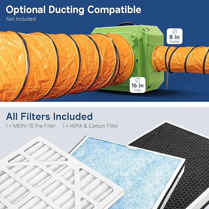 ALORAIR Air Scrubber with 3 Stage Filtration, Stackable Negative Air Machine for Industrial and Commercial Use, Heavy Duty Air Cleaner with MERV-10 Filter, HEPA/Activated carbon Filter, Green