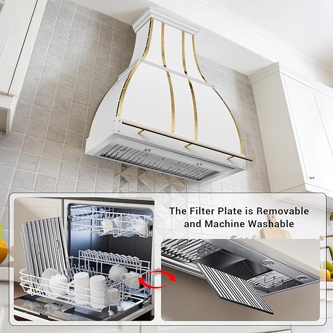 CHETTO C Stainless Steel Range Hood Cover with 4-Speed Vent Hood Insert Custom Handcrafted Metal Kitchen Fan with Towel Rack LED Light 36"W x21"D x30"H White Wall Mount