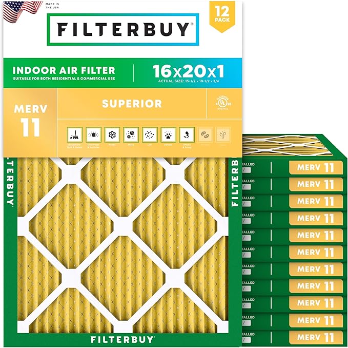 Filterbuy 16x20x1 Air Filter MERV 11 Superior Pet & Allergy Defense (12-Pack), Electrostatic Pleated HVAC AC Furnace Filters Replacement, Made in USA (Actual Size: 15.50 x 19.50 x 0.75)