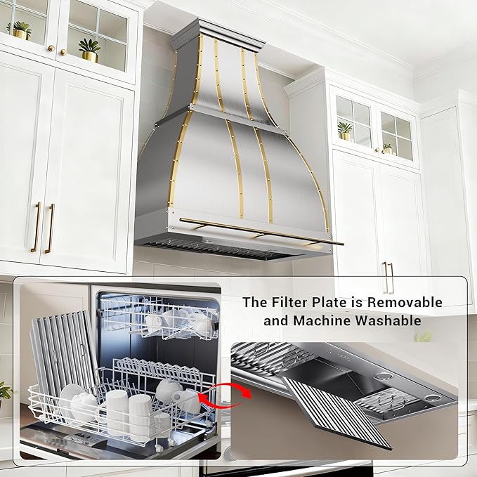 CHETTO C Stainless Steel Range Hood Cover with Quiet Vent Hood Insert Custom Handcrafted Metal Kitchen Fan with Towel Rack LED Light 36"W x21"D x33"H Brushed Stainless Steel Wall Mount