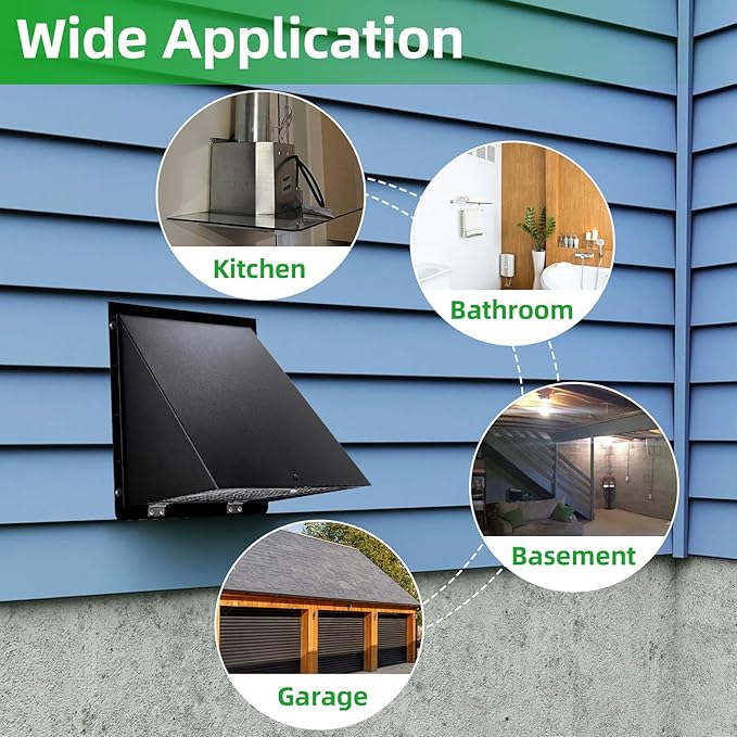 8 inch Hooded Wall Vent with Screen and Damper,Wall Vent Cover Exhaust Vent Outdoor Wall Cap Exterior Air Vent Cover for Kitchen Range Hood HVAC Duct Dryer Ventilation,Galvanized Steel,Black