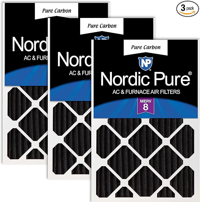 Nordic Pure 20x25x2 (Actual Size: 19 1/2 x 24 1/2 x 1 3/4) Pure Carbon Pleated Odor Reduction Merv 8 Furnace Filters 3 Pack