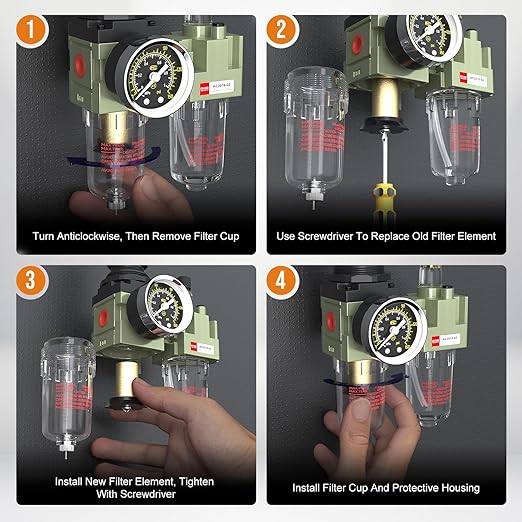 NPT 1/4 Air Regulator with Gauge,Air Compressor Water Separator with Accessories,Pneumatic Compressed Air Filter Pressure Oil Trap(AC2010-02)