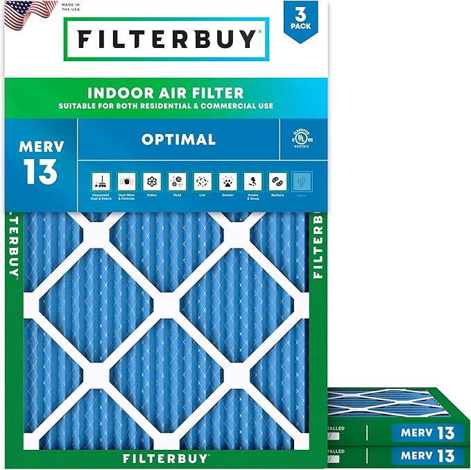 Filterbuy 8x14x1 Air Filter MERV 13 Optimal Smoke & Allergy Defense (3-Pack), Electrostatic Pleated HVAC AC Furnace Filters Replacement, Made in USA (Actual Size: 7.50 x 13.50 x 0.75)