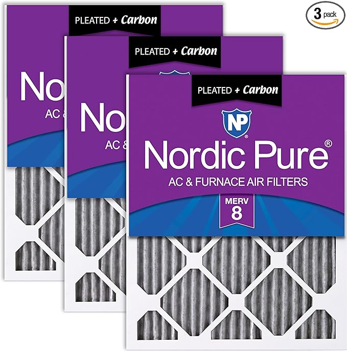 Nordic Pure 20x30x1 (Actual Size: 19 5/8 x 29 5/8 x 3/4) Furnace Air Filters MERV 8 Pleated Plus Carbon 3 Pack
