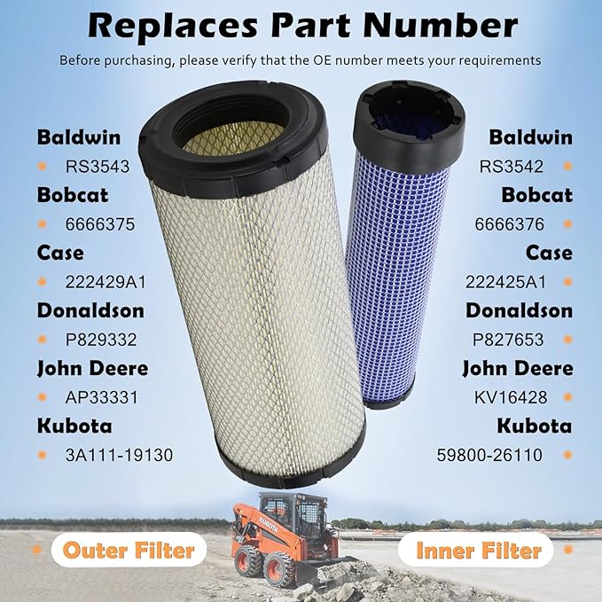 59800-26110 3A111-19130 Air Filter Kit Fit for Kubota Skid Steer Loader SSV65 SSV75 SVL75 SVL75-2 SVL75C SVL75C-2 Replaces# P827653 P829332