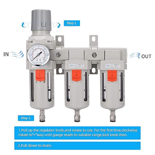 NANPU Three Stage Air Drying System - 5 Micron Particulate Filter, 0.5＆0.01 Micron Coalescing Filters, Air Pressure Regulator Combo - 0-150 psi Gauge, Semi-Auto Drain, Metal Bracket（3/8" NPT）