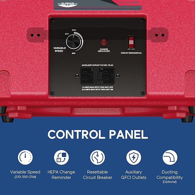 ALORAIR Air Scrubber with 3 Stage Filtration, Stackable Negative Air Machine for Industrial and Commercial Use, Heavy Duty Air Cleaner with MERV-10 Filter, HEPA/Activated carbon Filter, Red