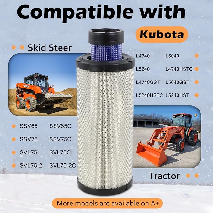 59800-26110 3A111-19130 Air Filter Kit Fit for Kubota Skid Steer Loader SSV65 SSV75 SVL75 SVL75-2 SVL75C SVL75C-2 Replaces# P827653 P829332
