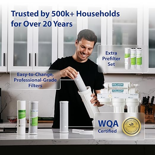 APEC Water Systems ROES-50 Essence Series Top Tier 5-Stage WQA Certified Ultra Safe Reverse Osmosis Drinking Water Filter System with Extra High Capacity Pre-Filter Set Stage 1-3