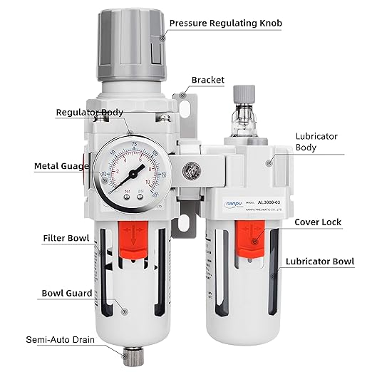 NANPU 3/8" NPT Compressed Air Filter Regulator Lubricator Combo Water/Oil Trap Separator - Gauge(0-150 psi), Poly Bowl, Semi-Auto Drain, Bracket - 3 in 1 Two Unit