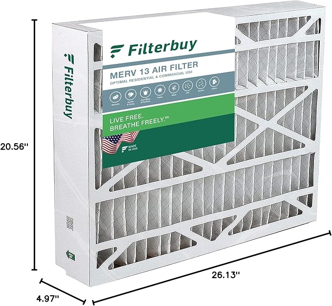 Filterbuy 21x27x5 Air Filter MERV 13 Optimal Smoke & Allergy Defense (1-Pack), Pleated HVAC AC Furnace Filters for Trane Perfect Fit & American Standard (Actual Size: 20.56 x 26.13 x 4.97)