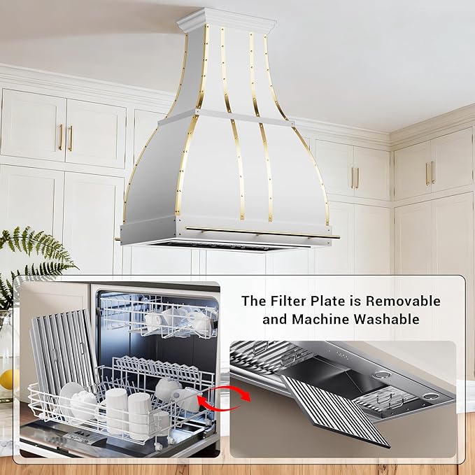 CHETTO C Stainless Steel Range Hood Cover with 4-Speed Vent Hood Insert Custom Handcrafted Metal Kitchen Fan with Towel Rack LED Light 42"W x27"D x27"H White Island Mount