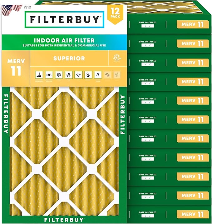 Filterbuy 16x24x2 Air Filter MERV 11 Superior Pet & Allergy Defense (12-Pack), Electrostatic Pleated HVAC AC Furnace Filters Replacement, Made in USA (Actual Size: 15.38 x 23.38 x 1.75)