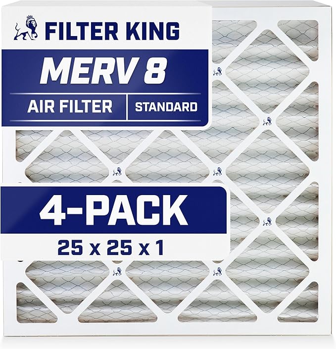 Filter King 25x25x1 Air Filter | 4-PACK | MERV 8 HVAC Pleated A/C Furnace Filters | MADE IN USA | Actual Size: 25 x 25 x .75"