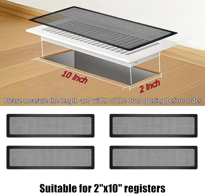 Floor Register Vent Cover, 2"x10" Magnetic Air Vent Screen Mesh Covers for Home Floor/Wall/Ceiling Registers Air Vent Filters, Black (4 Packs)