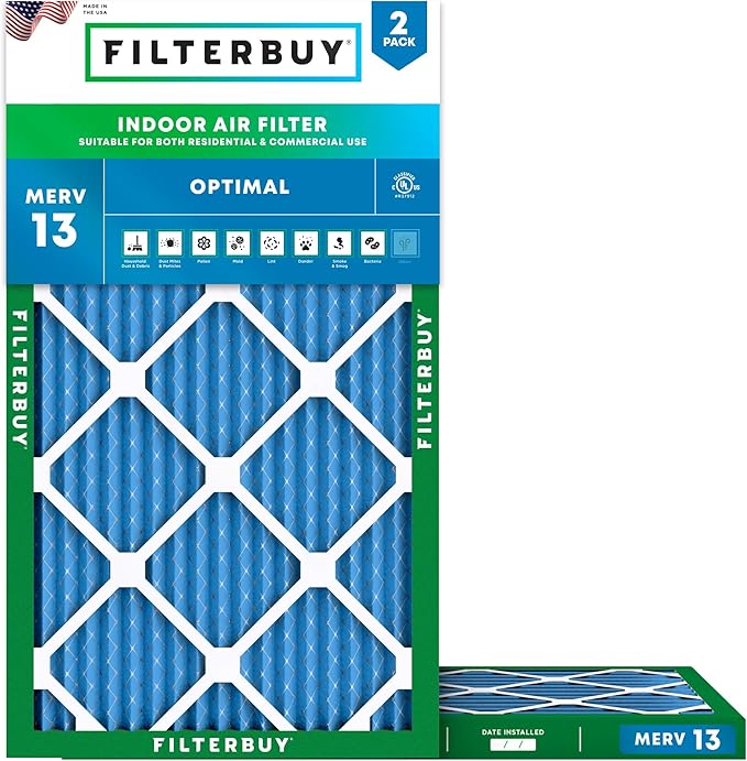 Filterbuy 13.5x29.5x1 Air Filter MERV 13 Optimal Smoke & Allergy Defense (2-Pack), Electrostatic Pleated HVAC AC Furnace Filters Replacement, Made in USA (Actual Size: 13.50 x 29.50 x 0.75)