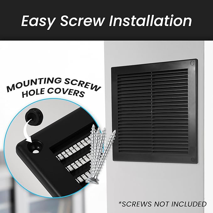 Repa Market 12 x 12 Inch (Outer) Black Square Air Vent Cover - Pack of 2 Plastic Fresh Air Intake Vent - AC Cover with Nylon Mesh Screen, Wall, Ceiling HVAC Return Air Register, Modern Soffit Vents