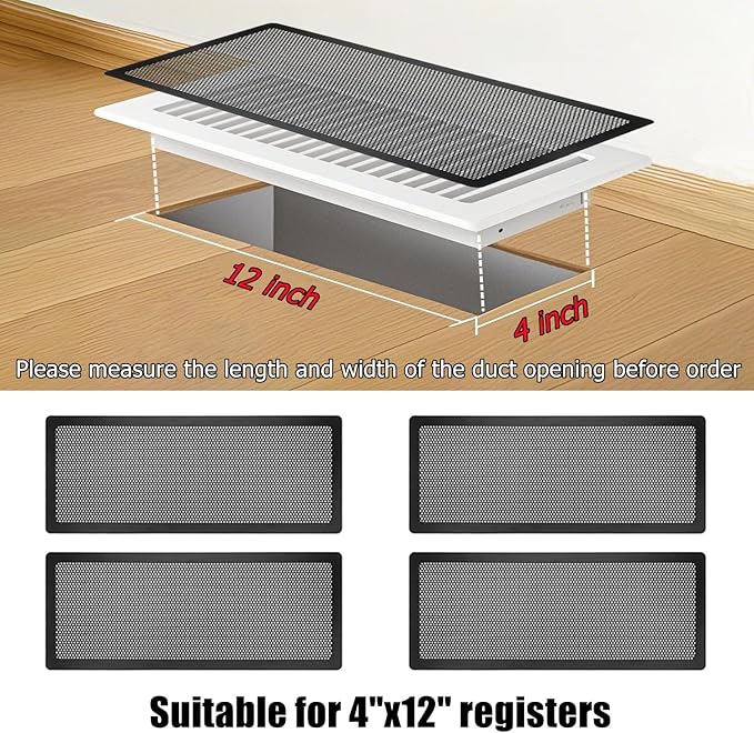 Floor Register Vent Cover, 4"x12" Magnetic Air Vent Screen Mesh Covers for Home Floor/Wall/Ceiling Registers Air Vent Filters, Black (4 Packs)