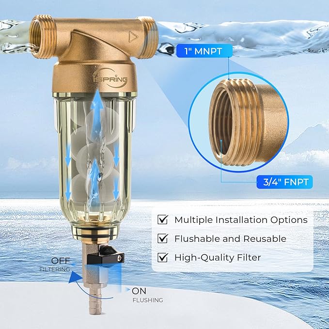iSpring WSP-100SL Reusable Whole House Spin Down Sediment Water Filter, Siliphos Helps Prevent Scale and Corrosion, 1" MNPT + 3/4" FNPT, 100 Micron