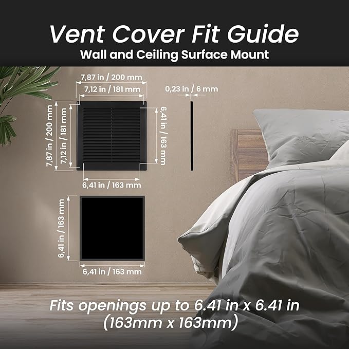 Repa Market 8 x 8 Inch (Outer) Black Square Air Vent Cover - Plastic Fresh Air Intake Vent - AC Cover with Nylon Mesh Screen, Wall, Ceiling HVAC Return Air Register, Modern Soffit Vents