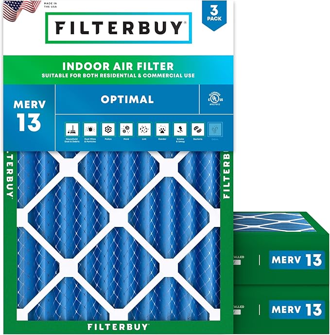 Filterbuy 24x25x4 Air Filter MERV 13 Optimal Smoke & Allergy Defense (3-Pack), Electrostatic Pleated HVAC AC Furnace Filters Replacement, Made in USA (Actual Size: 23.75 x 24.75 x 3.63)