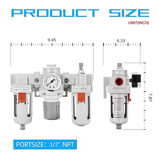 NANPU 1/2" NPT Air Filter, Regulator & Lubricator (FRL) Combo - Water/Oil Trap Separator - Pressure Gauge(0-150 psi), 5 Micron Brass Element, Semi-Auto Drain, Poly Bowl, Metal Bracket