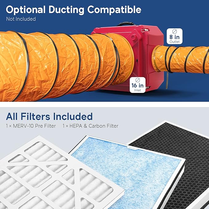 ALORAIR Air Scrubber with 3 Stage Filtration, Stackable Negative Air Machine for Industrial and Commercial Use, Heavy Duty Air Cleaner with MERV-10 Filter, HEPA/Activated carbon Filter, Red