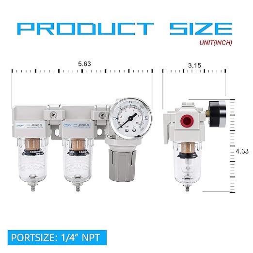 NANPU DFR-02 1/4" NPT Air Drying System - Double Air Filters, Air Pressure Regulator Combo - Semi-Auto Drain, Poly Bowl