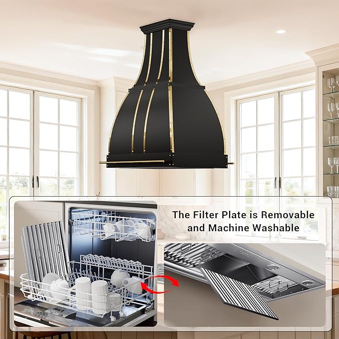 CHETTO C Stainless Steel Range Hood Cover with 4-Speed Vent Hood Insert Custom Handmade Metal Kitchen Fan with Towel Rack LED Light 30"W x27"D x24"H Black Island Mount