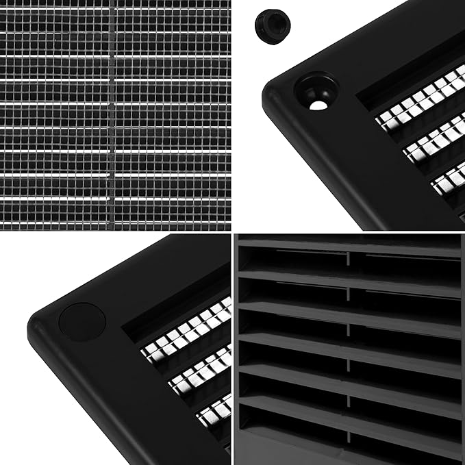 Repa Market 8 x 8 Inch (Outer) Black Square Air Vent Cover - Pack of 2 Plastic Fresh Air Intake Vent - AC Cover with Nylon Mesh Screen, Wall, Ceiling HVAC Return Air Register, Modern Soffit Vents