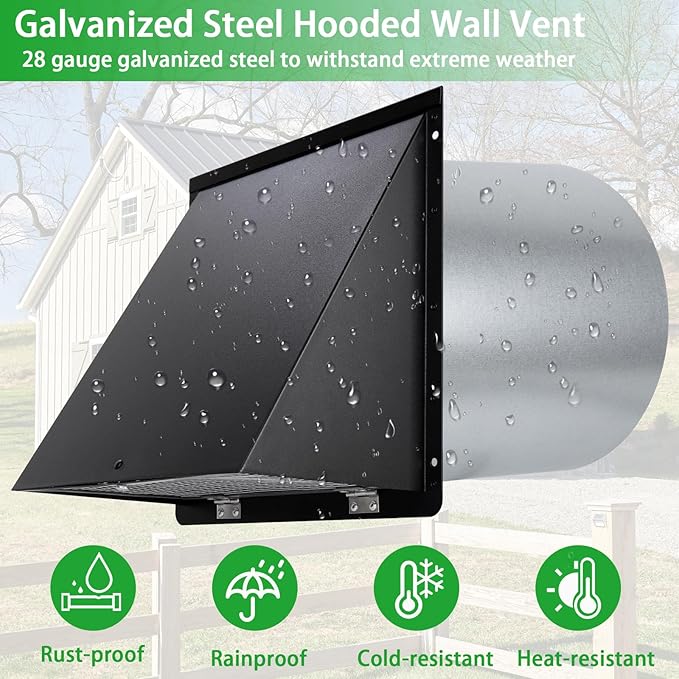 10 Inch Wall Vent Cover,Exhaust Vent Hooded Wall Vent with Screen and Damper,Outdoor Wall Exhaust Vent Cap Exterior Air Vent Cover for Kitchen Range Hood HVAC Duct Dryer Ventilation,Galvanized Steel